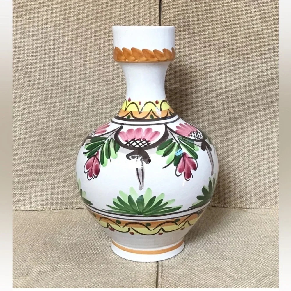 Hand Painted Bulbous Shabby Floral Vase Folk Art Pottery Cottage Core Colorful